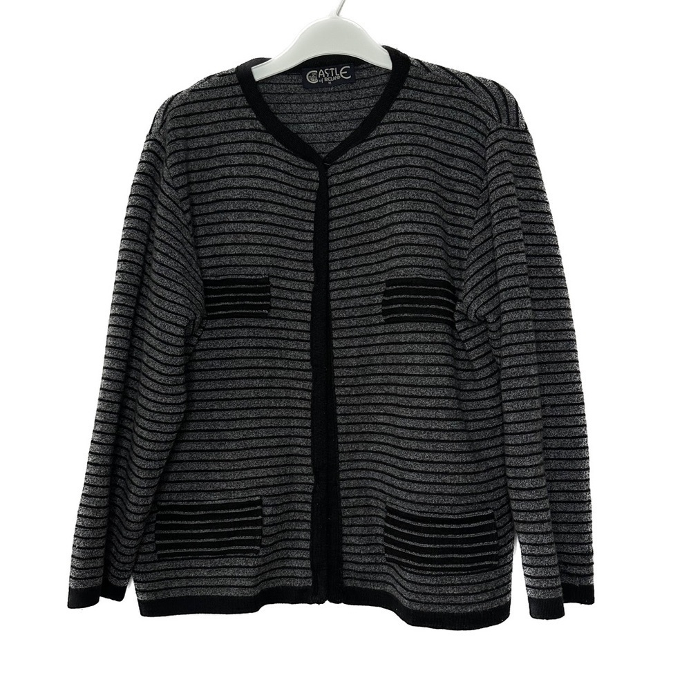 Castle of Ireland Ribbed Grey Striped Open Cardigan Collar Cuff Trimmed Size L
